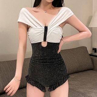 Glitter Panel Ruffled Swimsuit + Swim Skirt