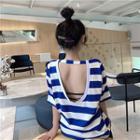 Open Back Striped Loose-fit Short-sleeve T-shirt