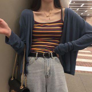 Spaghetti Strap Striped Top / Buttoned Cardigan