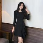 Long-sleeve High Waist Asymmetric A-line Dress