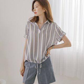 Tab-sleeve Tie-hem Stripe Shirt