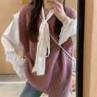 Long-sleeve Tie-neck Ruffled Blouse / Cable Knit Sweater Vest