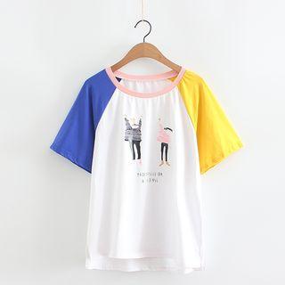 Printed Color Panel Elbow Sleeve T-shirt