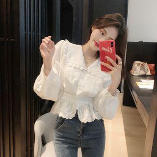 Crew-neck Cable-knit Cardigan / Ruffle Trim Blouse