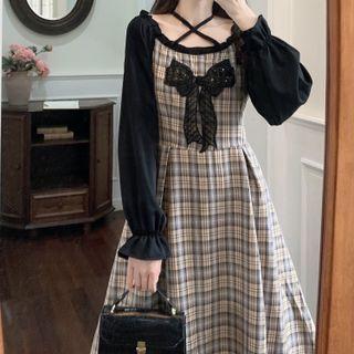 Mock Two-piece Puff-sleeve Plaid Midi Dress