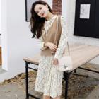 Set: Long-sleeve Floral Print Midi Pleated Dress + Sleeveless Top