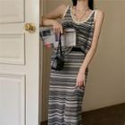 Set: Striped Tank Top + Midi Pencil Skirt Set Of 2 - Tank Top & Pencil Skirt - Stripe - Black & White - One Size