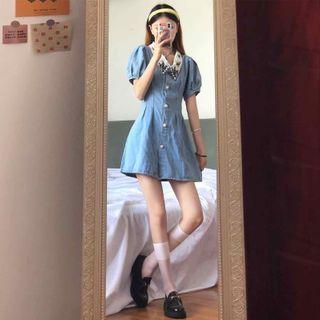 Short-sleeve Embroidered Collar Denim A-line Mini Dress