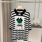 Short Sleeve Striped Polo Knit Top Black - One Size
