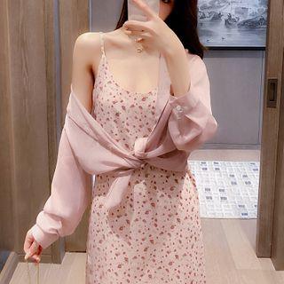 Chiffon Shirt Jacket / Spaghetti Strap Floral Print A-line Midi Dress
