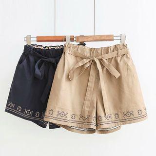 Tie-waist Embroidered Shorts Khaki - One Size