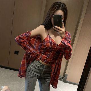 Set: Spaghetti Strap Plaid Cropped Top + Long-sleeve Shirt