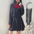Set: Bow Accent Sailor Collar Long-sleeve Top + Pleated Skirt