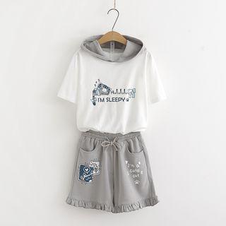 Printed Hooded Short-sleeve T-shirt / Ruffle-hem Drawstring Shorts / Set: Printed Hooded Short-sleeve T-shirt + Ruffle-hem Drawstring Shorts