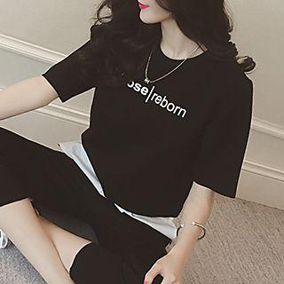 Set: Lettering Short-sleeve T-shirt + Cropped Pants
