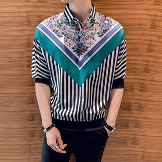 Flower Print Striped Panel Elbow-sleeve Shirt