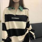 Contrast Collar Striped Polo Sweatshirt