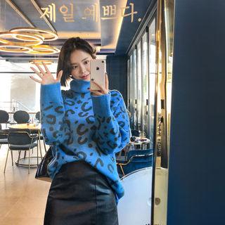 Turtleneck Leopard Wool Blend Sweater