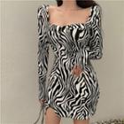 Asymmetrical Long-sleeve A-line Slit Dress Black & White - One Size
