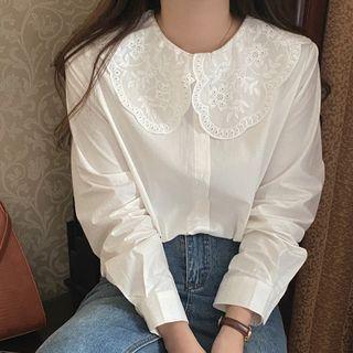 Long-sleeve Lace Collared Plain Blouse White - One Size