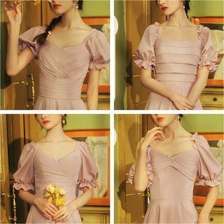 Puff-sleeve Plain Midi A-line Dress (various Designs)
