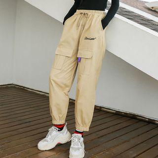 Cropped Lettering Embroidered Cargo Pants
