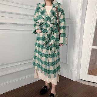 Plaid Double-breasted Coat With Sash Plaid - Green - One Size