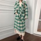 Plaid Double-breasted Coat With Sash Plaid - Green - One Size