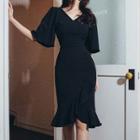 Elbow-sleeve V-neck Plain Mermaid Pencil Dress