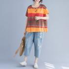 Short-sleeve Striped Linen Top As Shown In Figure - One Size