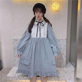 Long-sleeve Bow Accent Midi A-line Dress As Shown In Figure - One Size