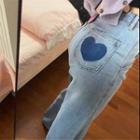 Washed Heart Patch Straight Leg Jeans