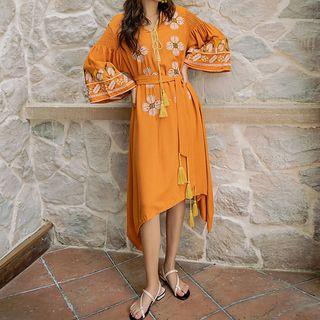 Flower Embroidered Wide-sleeve Tie-waist Midi Dress