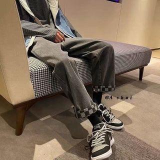 Checkerboard Panel Straight Leg Jeans