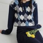Polo-neck Argyle Print Cropped Knit Top Blue - One Size