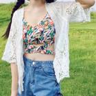 Elbow-sleeve Lace Cardigan / Spaghetti Strap Floral Print Cropped Top