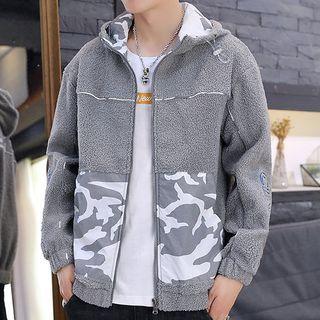 Camo Print Panel Hooded Zip-up Fleece Jacket