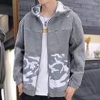 Camo Print Panel Hooded Zip-up Fleece Jacket