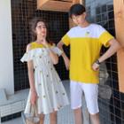 Couple Matching Pineapple Embroidered Cold Shoulder A-line Dress / Color Block Short-sleeve T-shirt / Plain Shorts