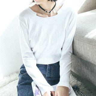 Notch Neck Long-sleeve T-shirt White - One Size
