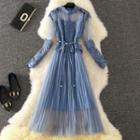 Set: Crochet Lace Panel Long-sleeve A-line Dress + Strappy Dress