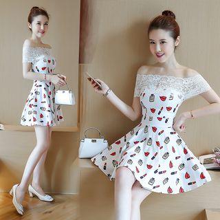 Lips Print Lace Trim Off Shoulder Short Sleeve Dress