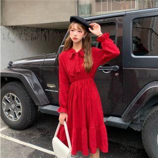 Long-sleeve Tie-neck Plain Midi A-line Dress
