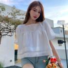Puff-sleeve Square-neck Plain Bow Blouse White - Top - One Size