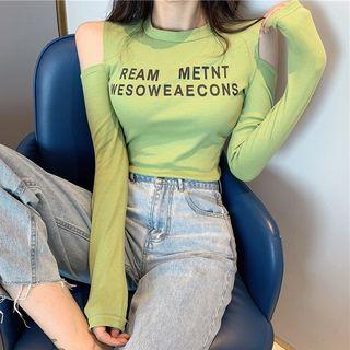 Lettering Cutaway-shoulder Long-sleeve Top