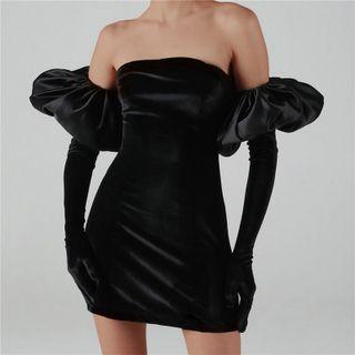 Set: Strapless Mini Bodycon Dress + Long Puffy Gloves