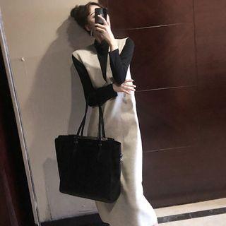 Mock Turtleneck Long-sleeve Top / Midi Pinafore Dress