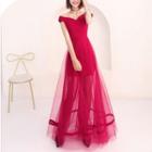 Off-shoulder Mesh Panel Maxi A-line Dress