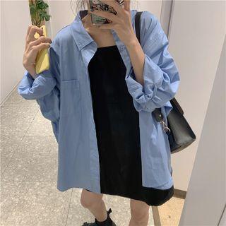 Plain Long-sleeve Shirt Blue - One Size