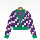 Checkered Croppped Cardigan Purple - One Size